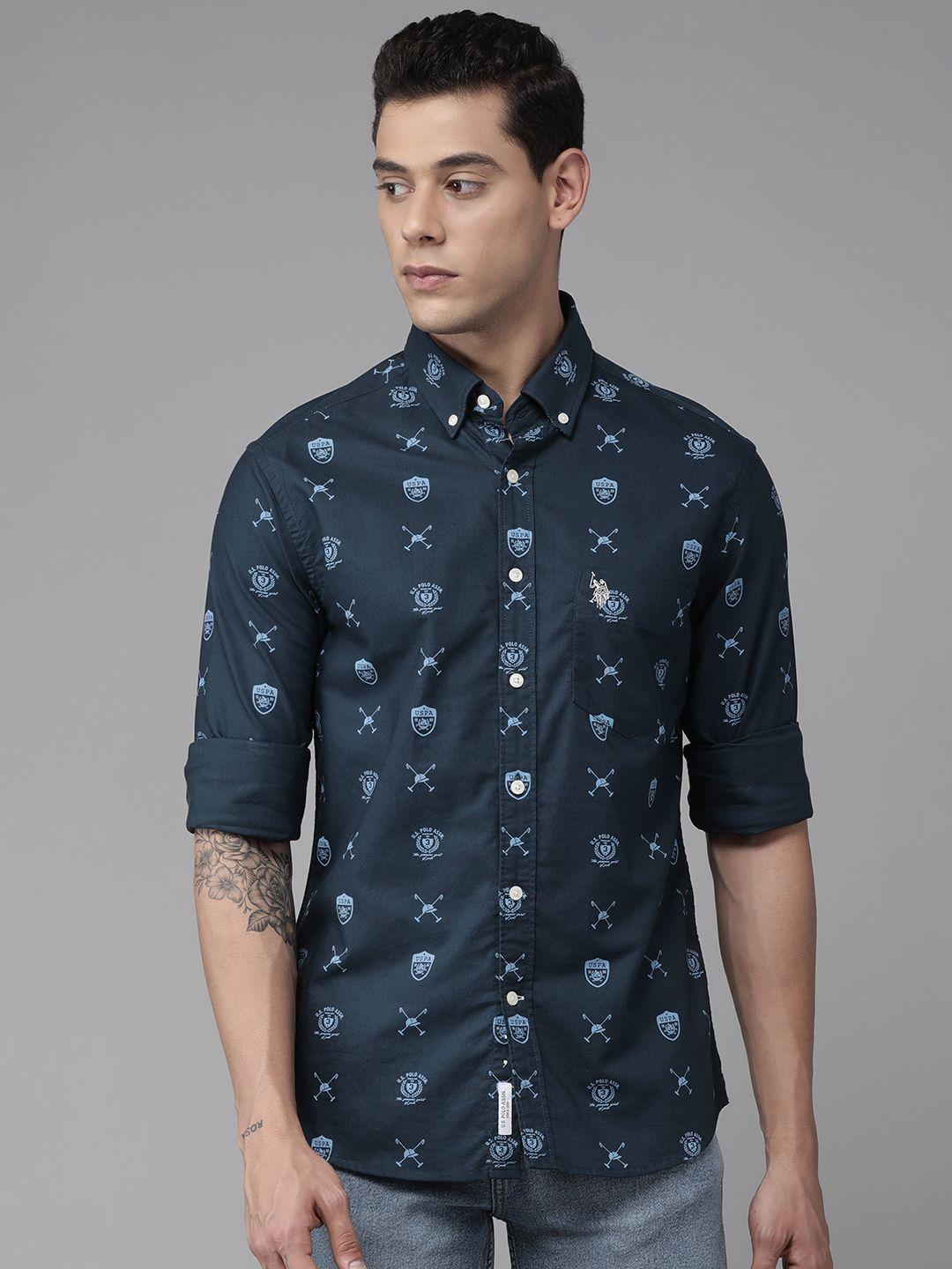 u s polo assn men blue tailored fit printed casual shirt