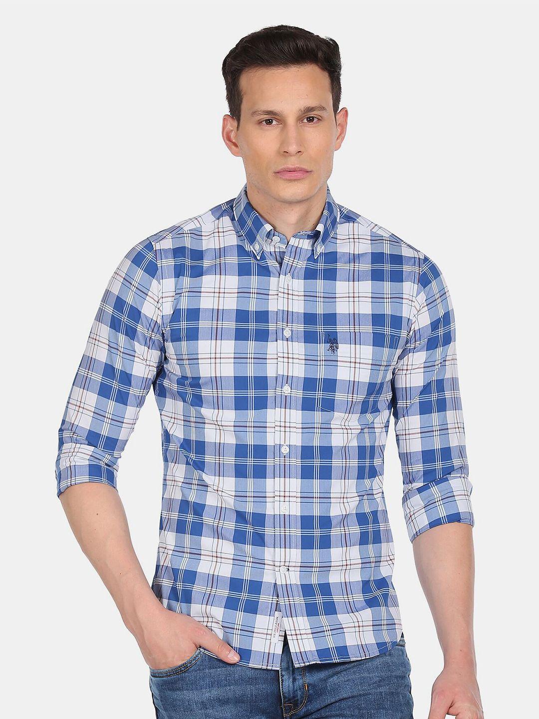 u s polo assn men blue tartan checked cotton casual shirt