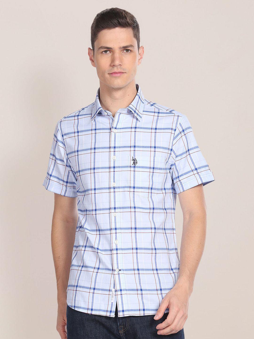 u s polo assn men blue windowpane checks opaque checked casual shirt