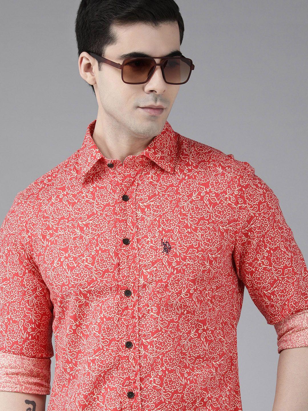 u s polo assn men coral red and white tailored fit floral printed pure cotton casual shirt