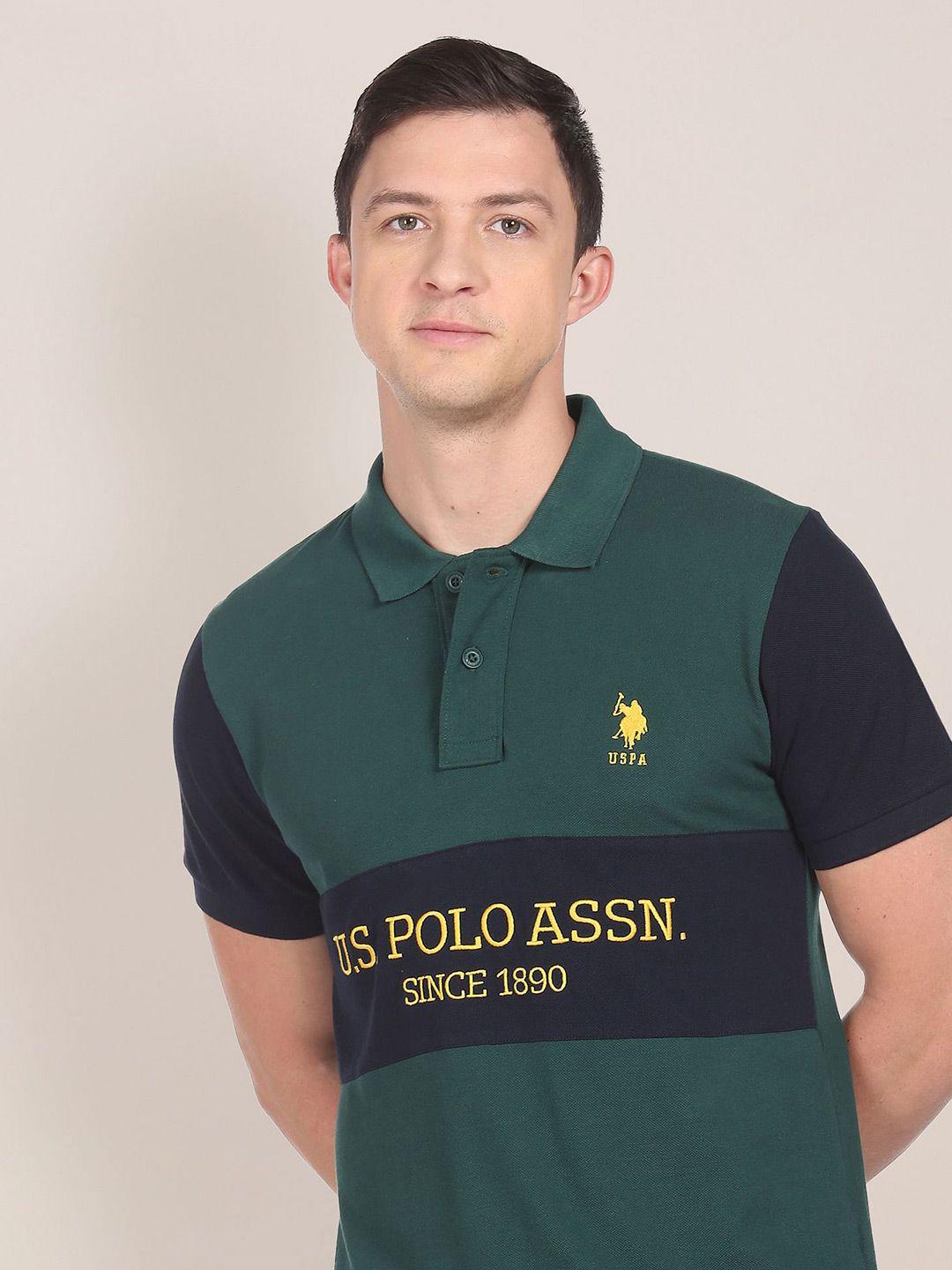 u s polo assn men green & black pure cotton embroidered rugby polo t-shirt