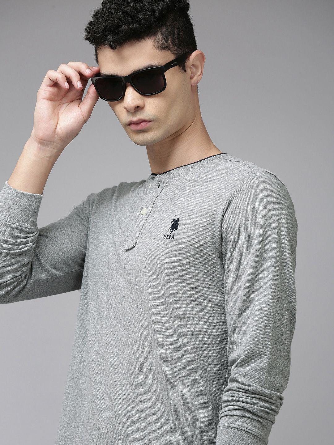 u s polo assn men grey solid henley neck slim fit t-shirt