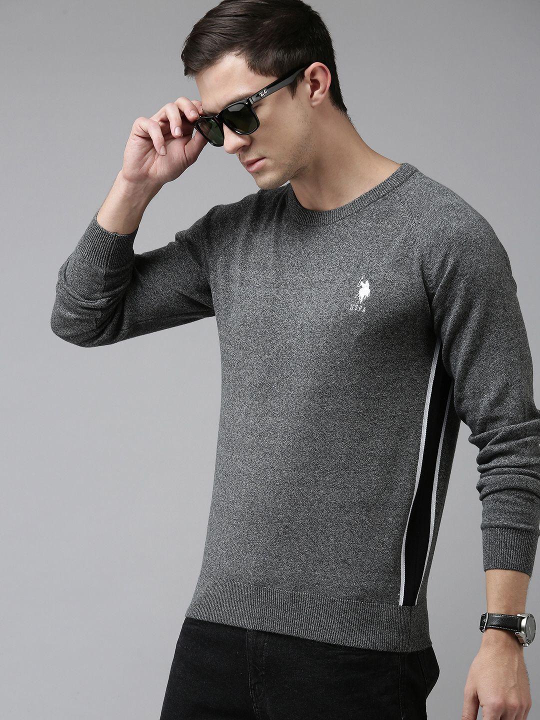 u s polo assn men grey solid round neck pure cotton pullover sweater