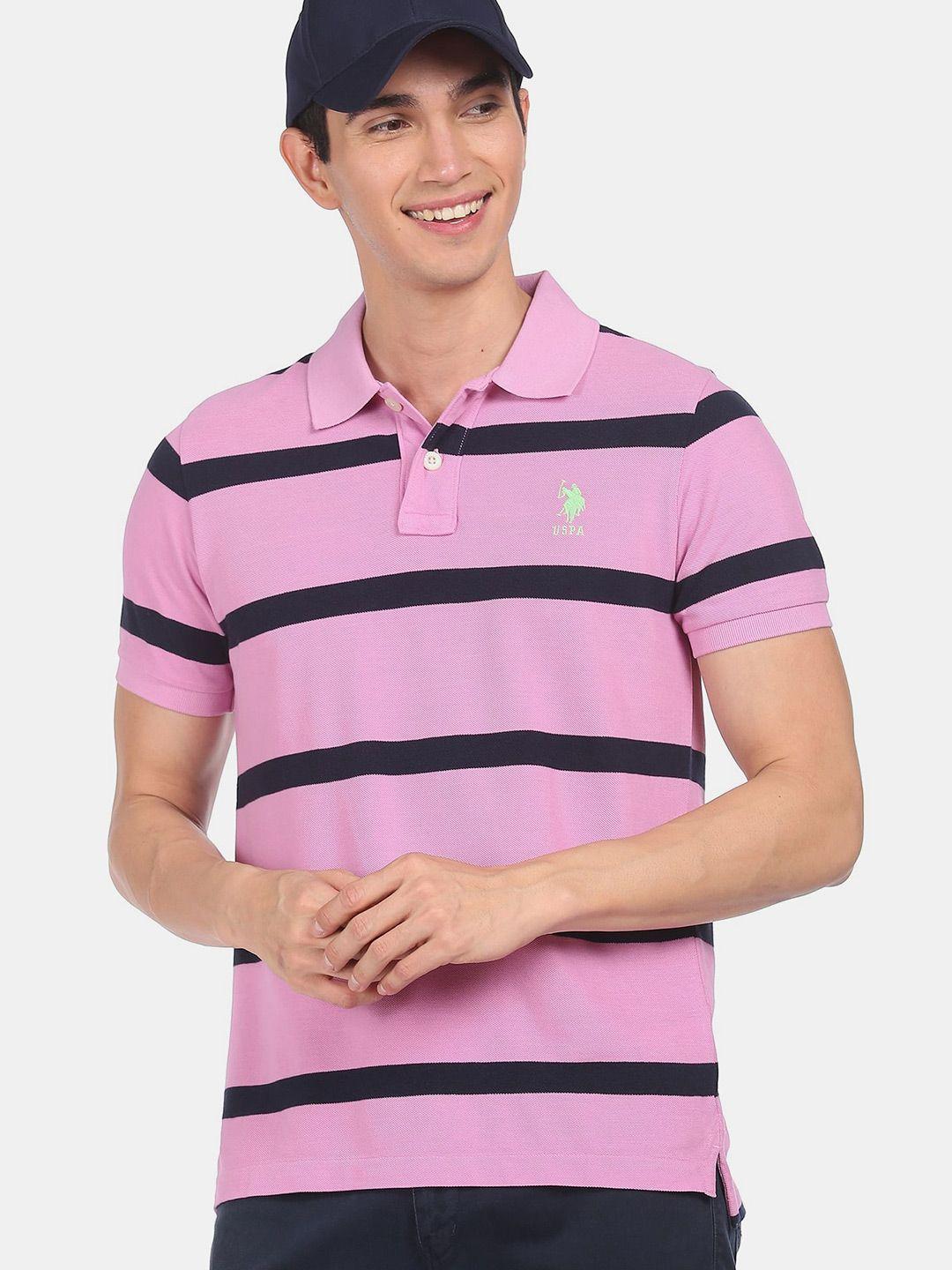 u s polo assn men lavender & black striped polo collar t-shirt