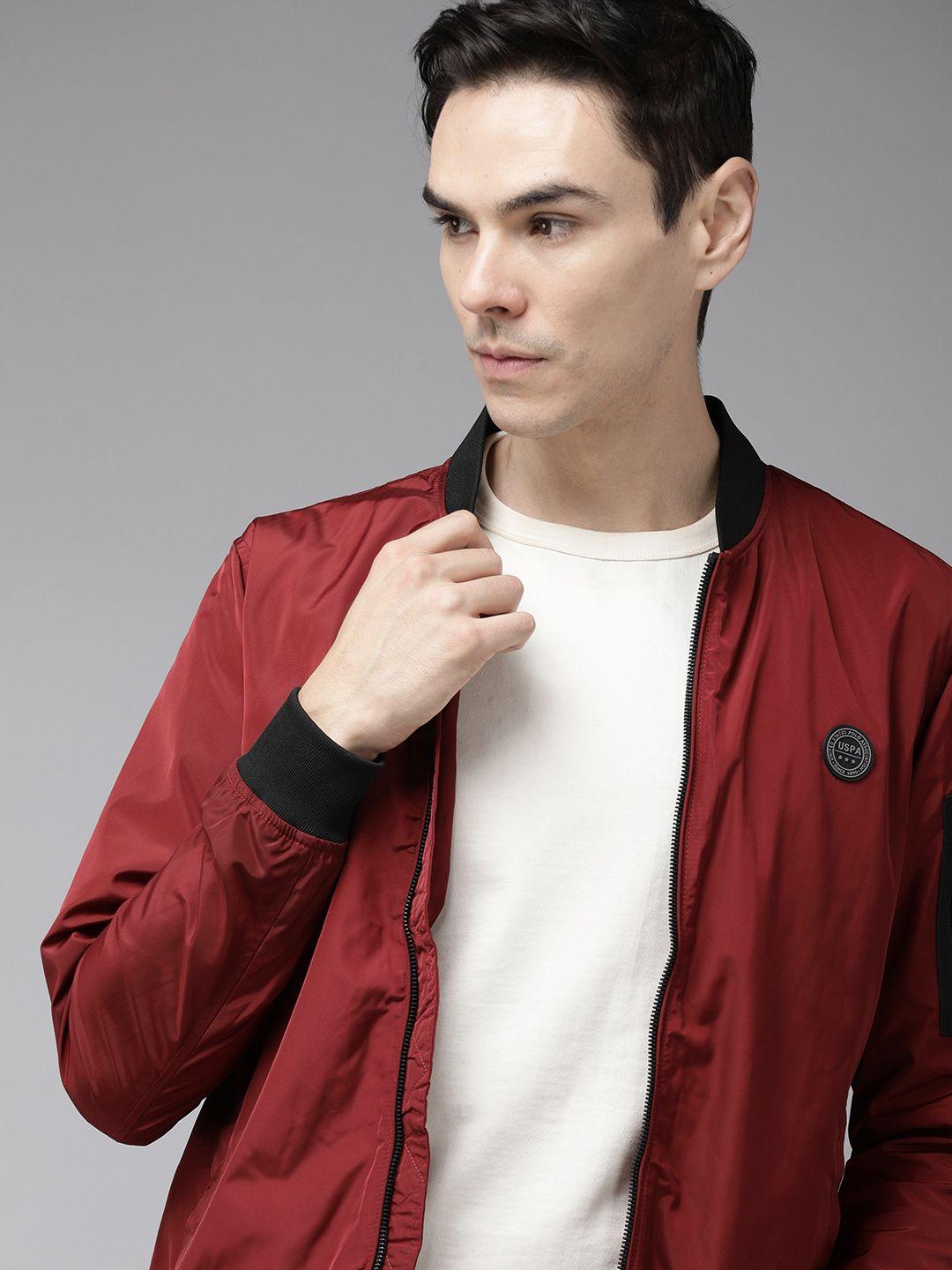 u s polo assn men maroon  brand logo printed sporty jacket