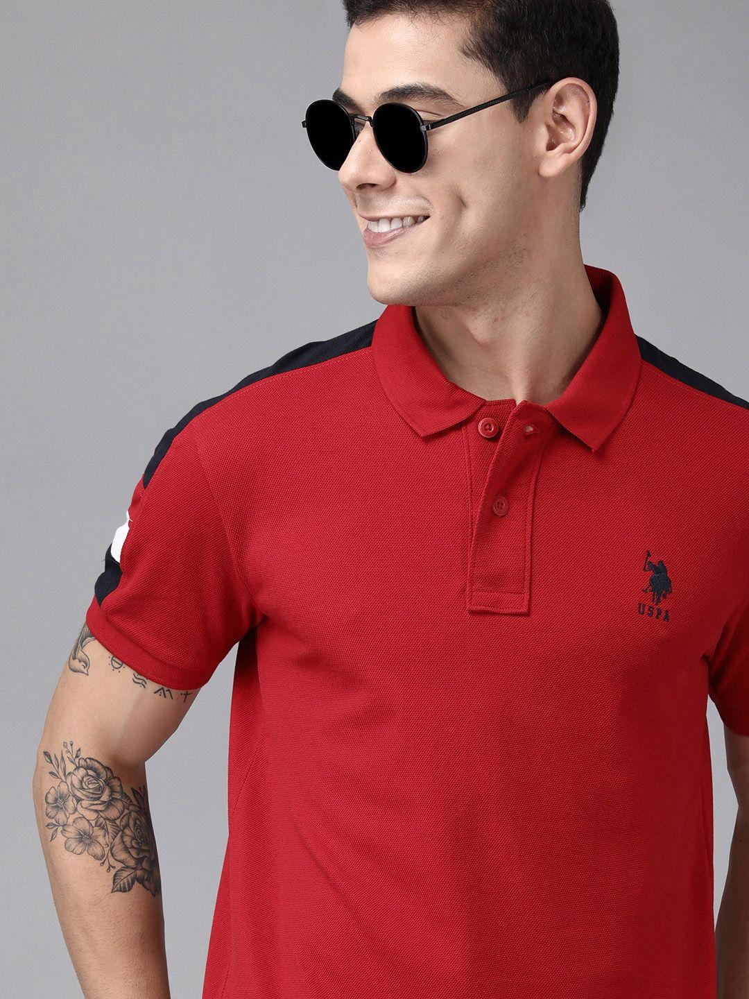 u s polo assn men maroon brand logo printed polo collar pure cotton slim fit t-shirt