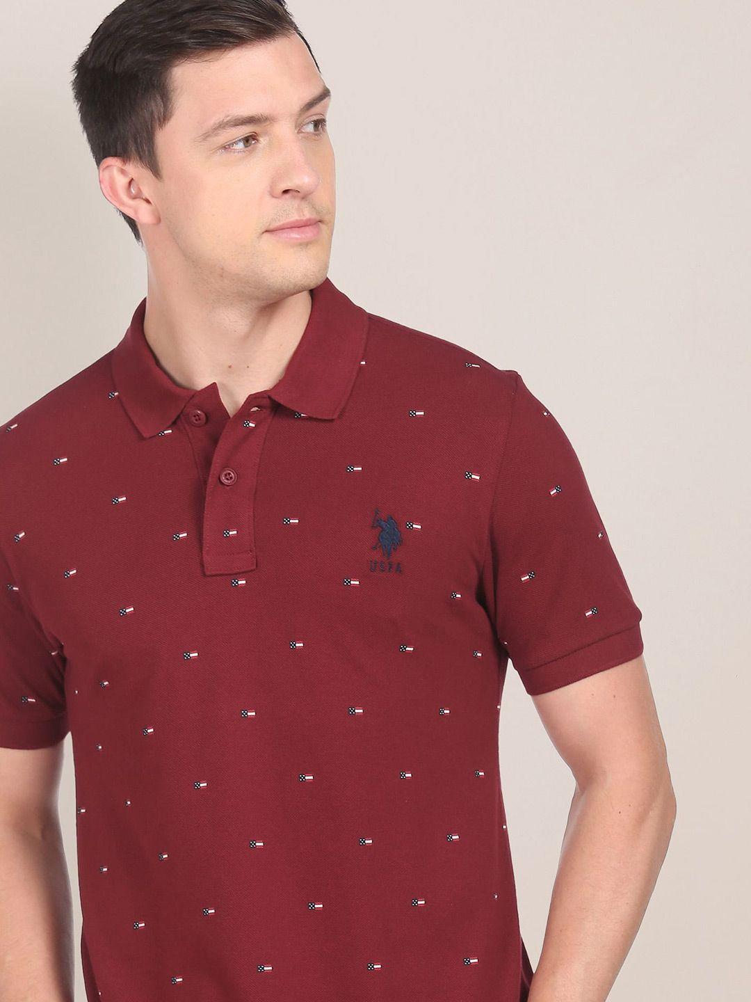 u s polo assn men maroon printed cotton flag print polo t- shirt