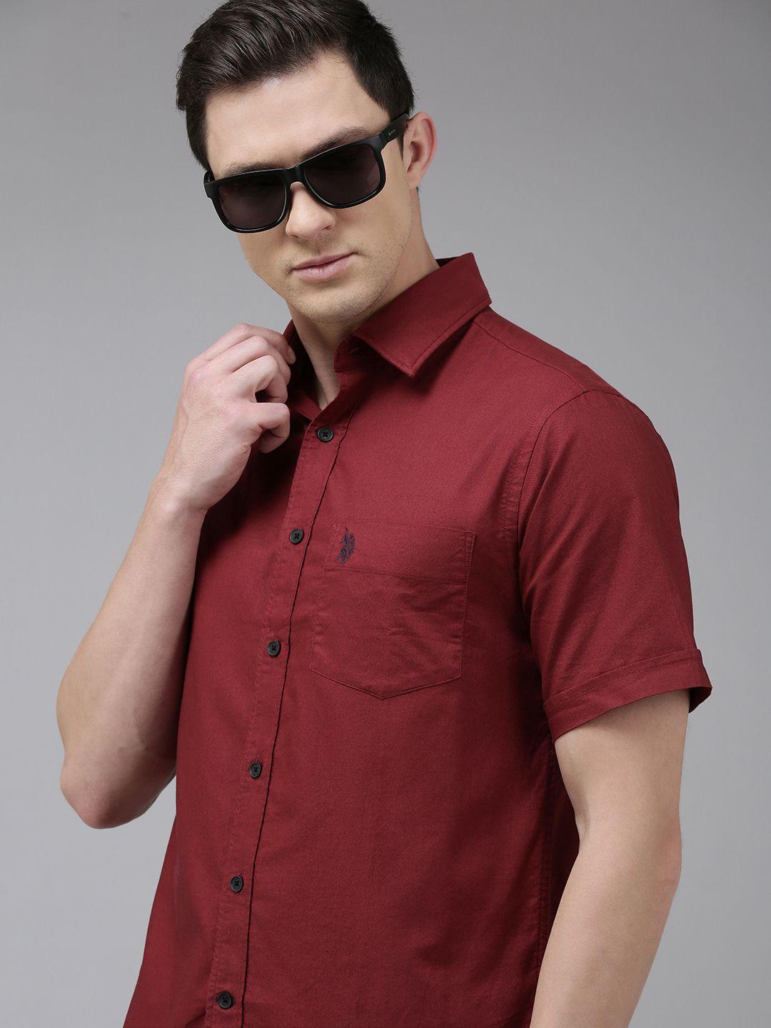 u s polo assn men maroon tailored fit pure cotton casual shirt