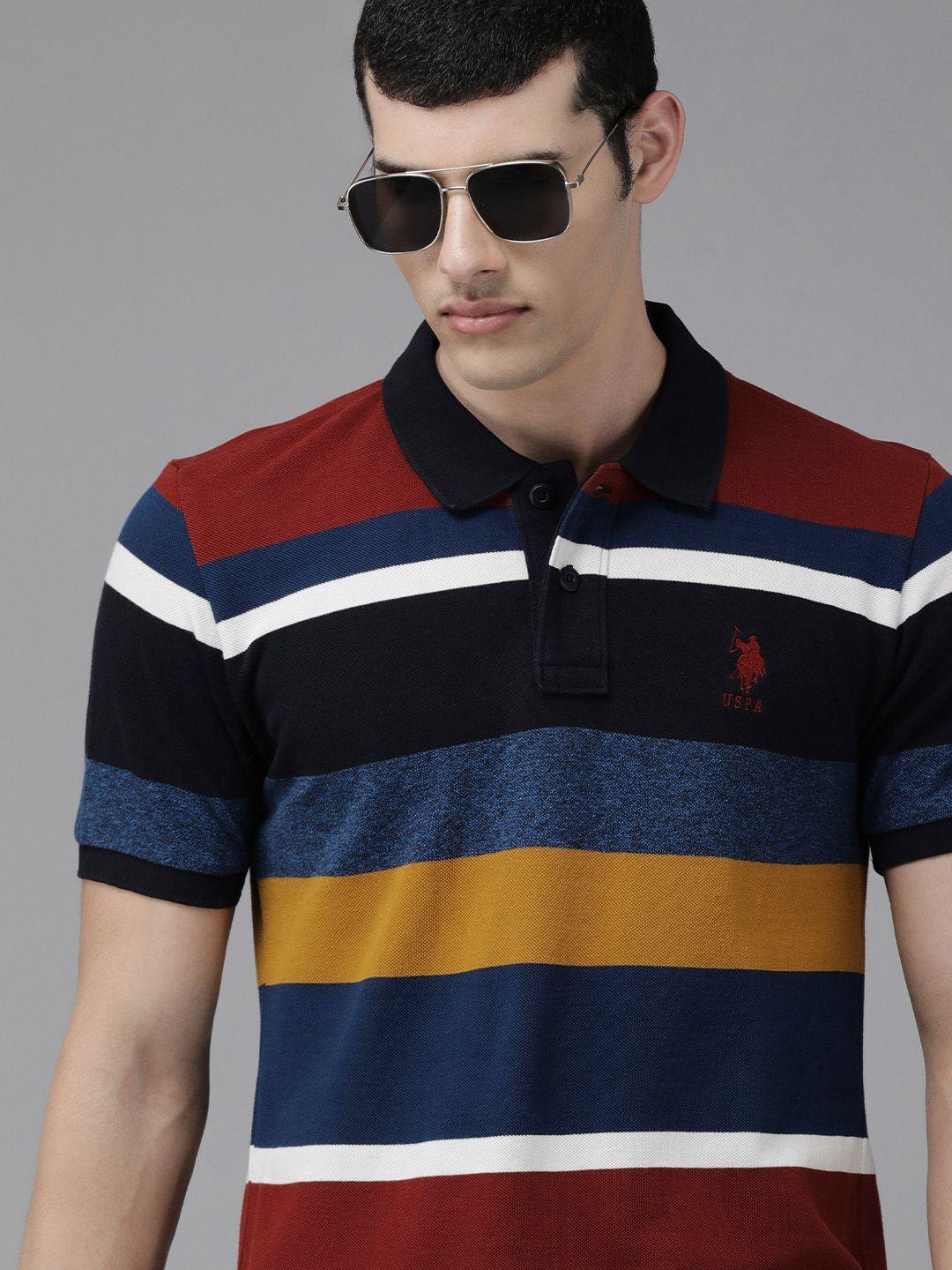 u s polo assn men multicoloured striped polo collar pure cotton slim fit t-shirt