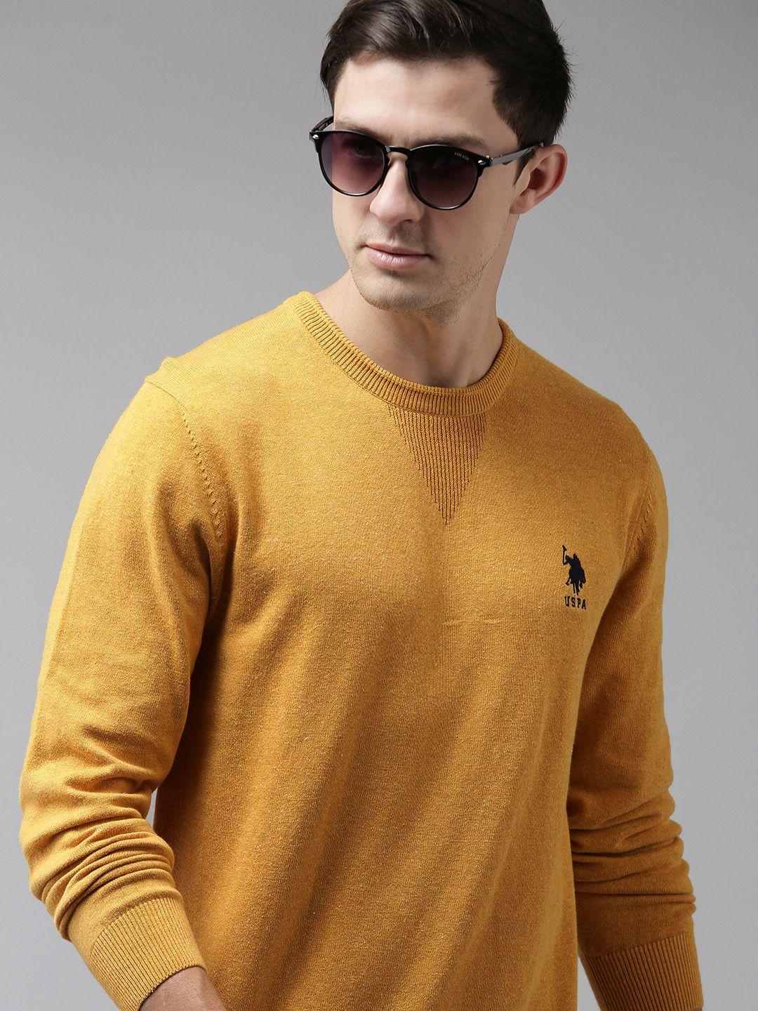 u s polo assn men mustard ribbed yellow round neck pure cotton pullover sweater