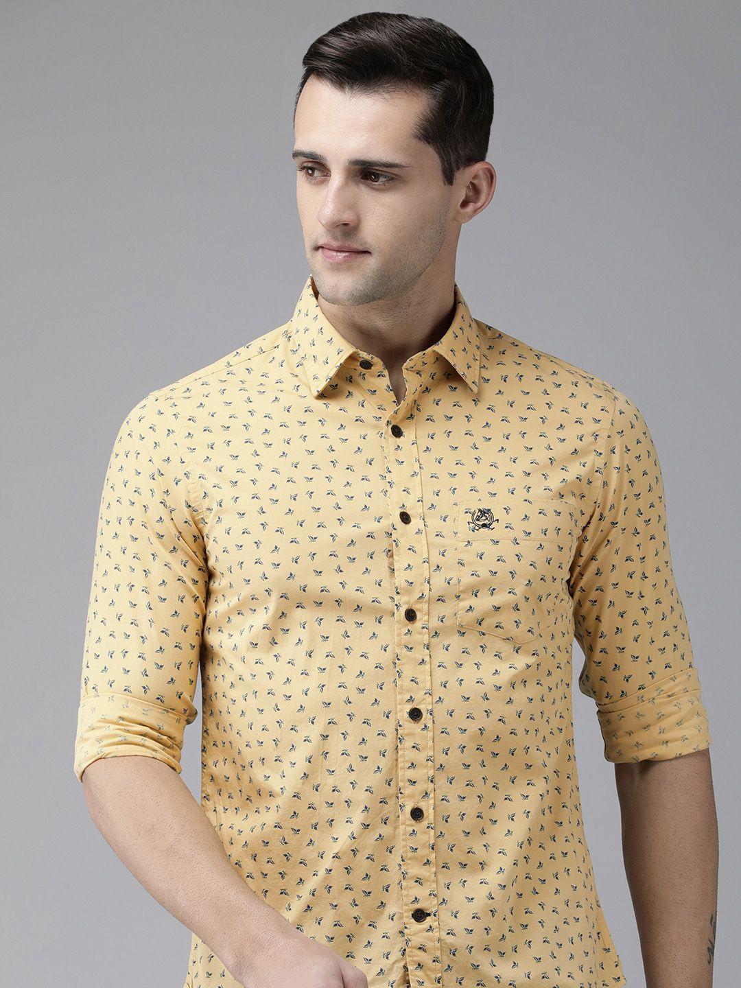 u s polo assn men mustard yellow & blue tailored fit printed pure cotton casual shirt