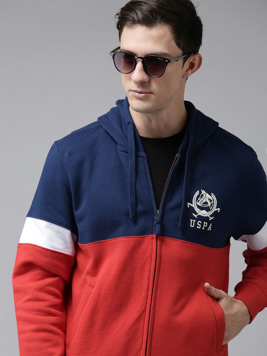 u s polo assn men navy blue & red colourblocked hooded cotton sweatshirt