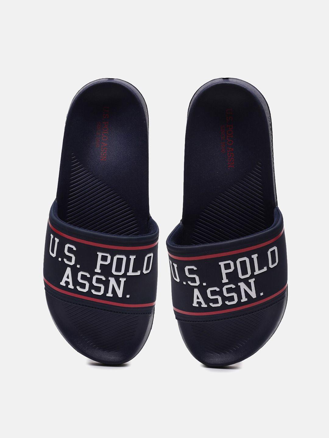 u s polo assn men navy blue & red printed sliders