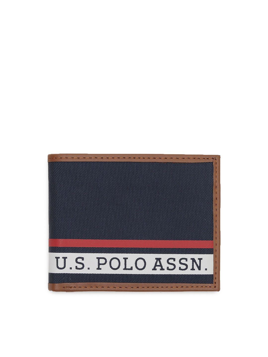 u s polo assn men navy blue & white printed leather two fold wallet