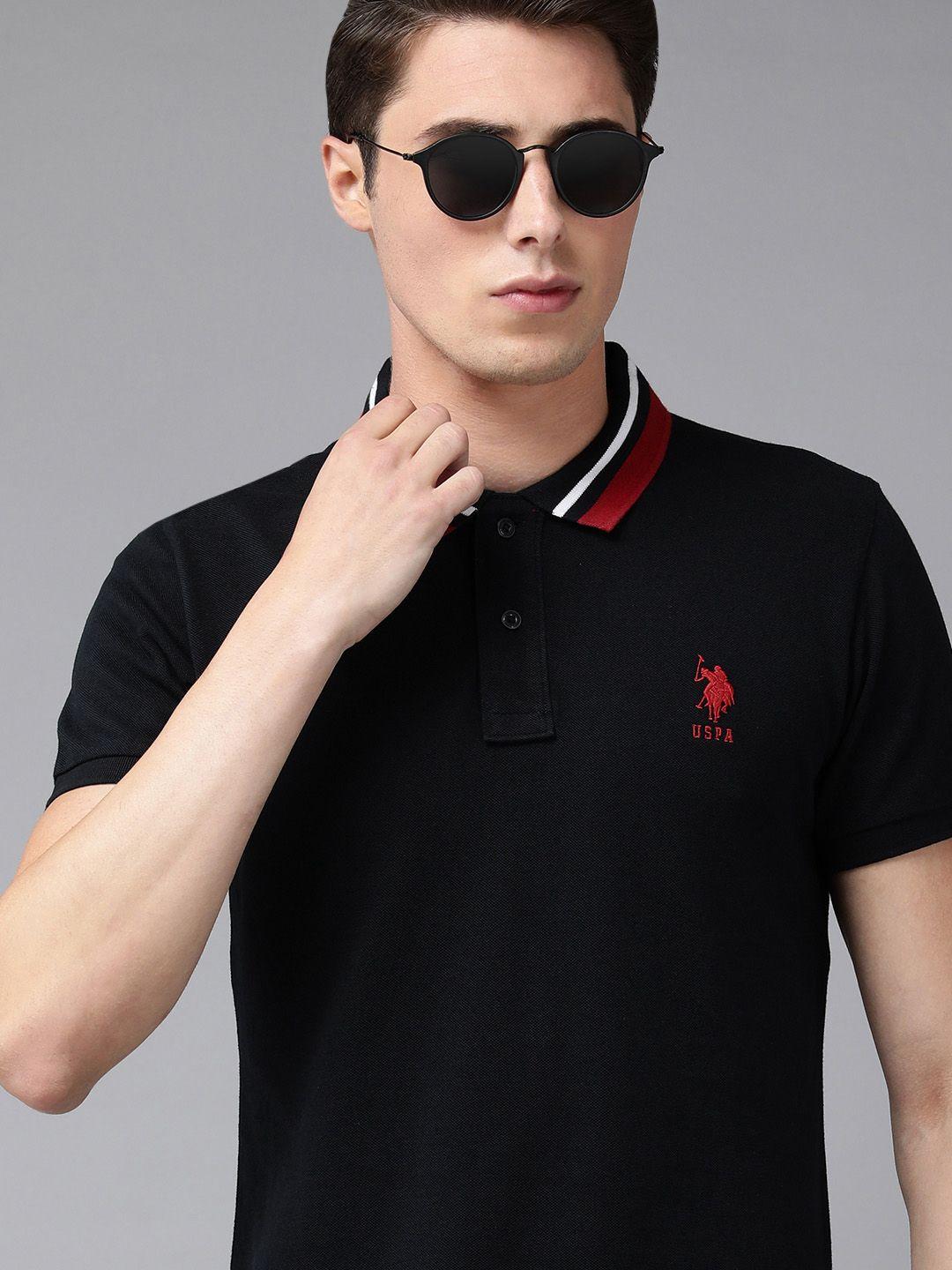 u s polo assn men navy blue brand logo embroidered pure cotton slim fit polo t-shirt