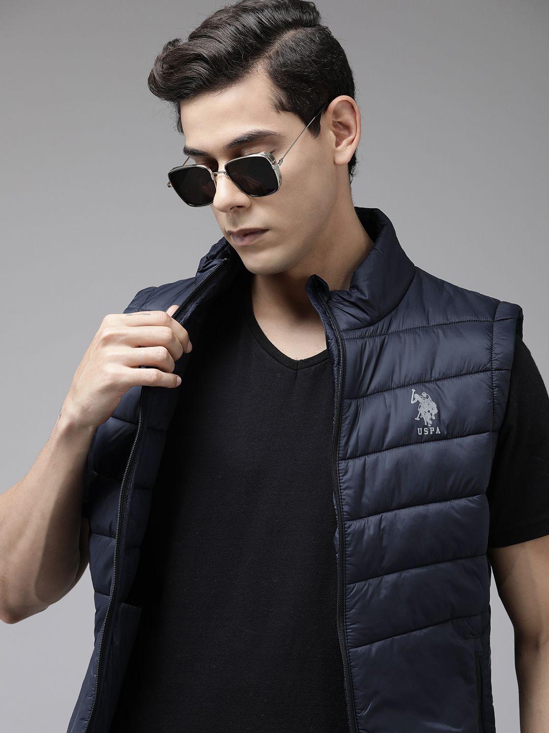 u s polo assn men navy blue brand logo printed padded jacket