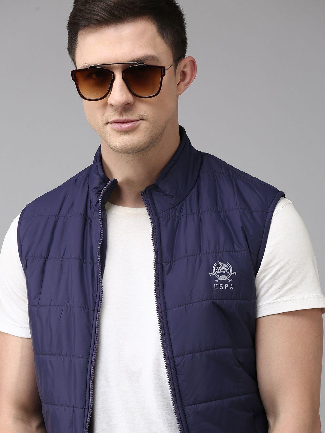 u s polo assn men navy blue brand logo printed sleeveless padded jacket