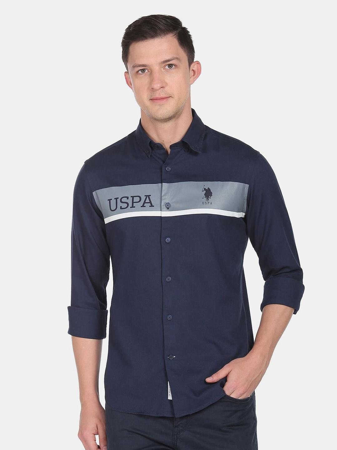 u s polo assn men navy blue printed cotton casual shirt