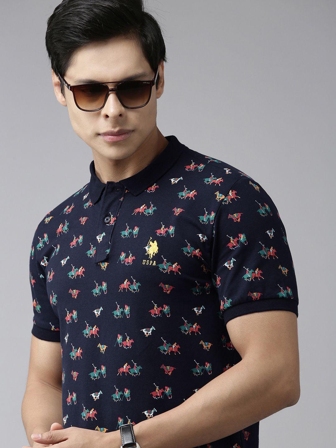 u s polo assn men navy blue printed polo collar t-shirt