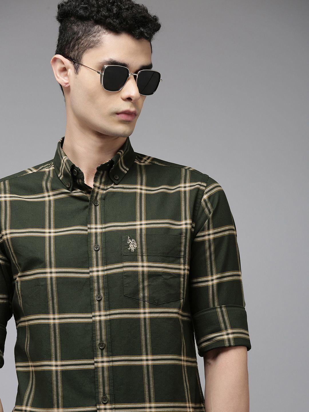 u s polo assn men olive green checked pure cotton casual shirt