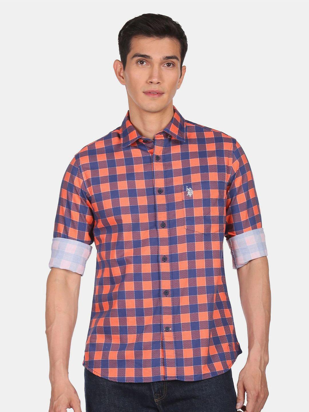 u s polo assn men orange, navy buffalo checks casual shirt