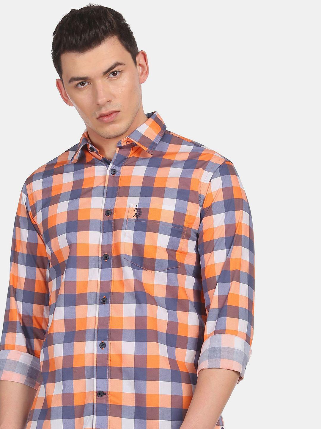 u s polo assn men orange & blue checked pure cotton casual shirt