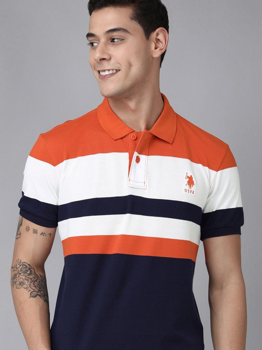 u s polo assn men orange & navy blue colourblocked polo collar slim fit  t-shirt