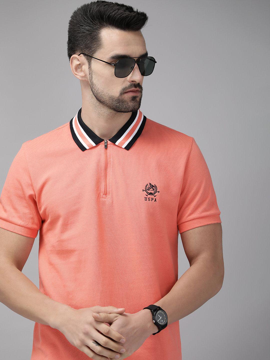 u s polo assn men peach-coloured polo collar pure cotton t-shirt with contrast tipping