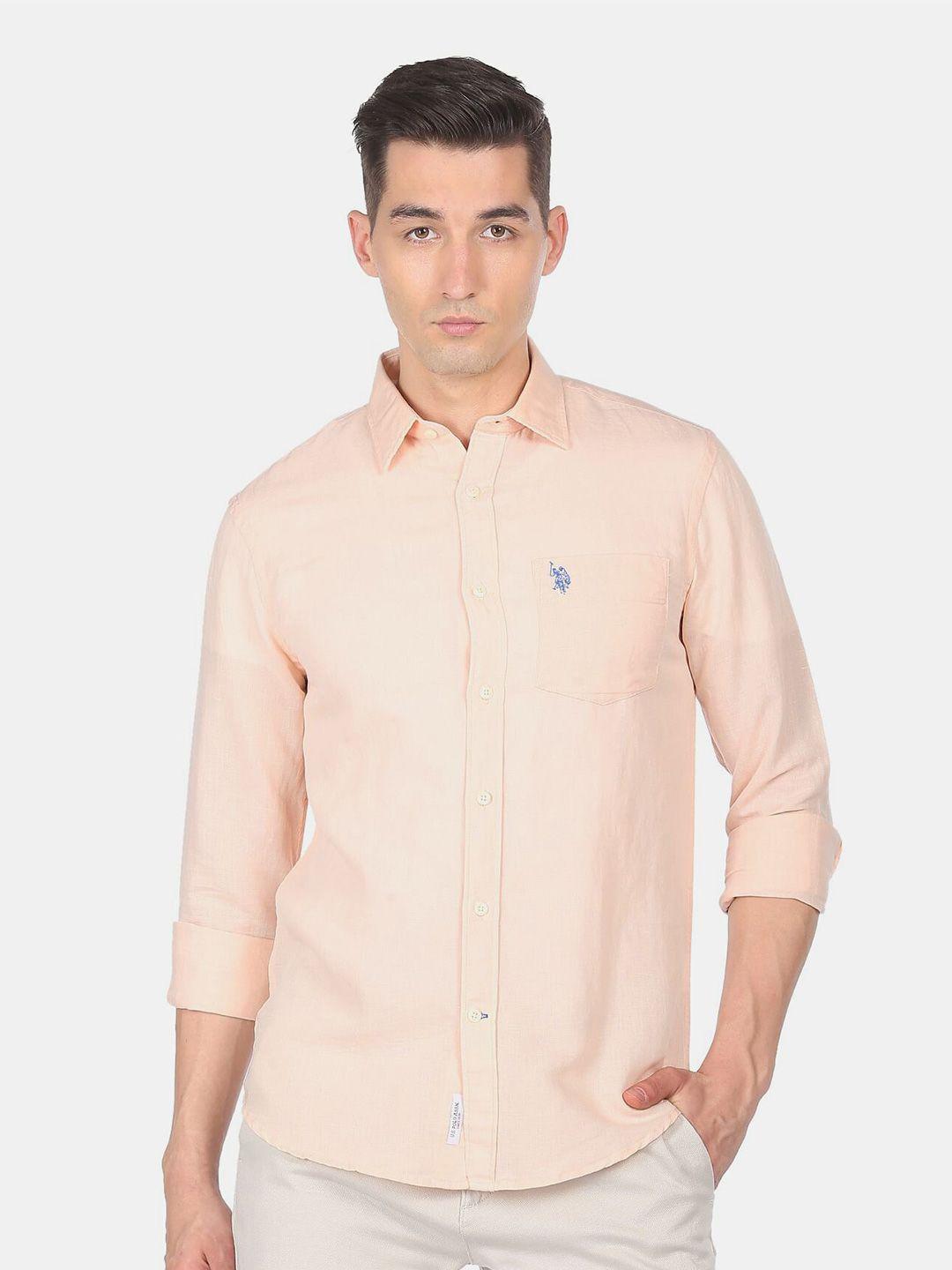 u s polo assn men peach-coloured solid regular fit casual shirt