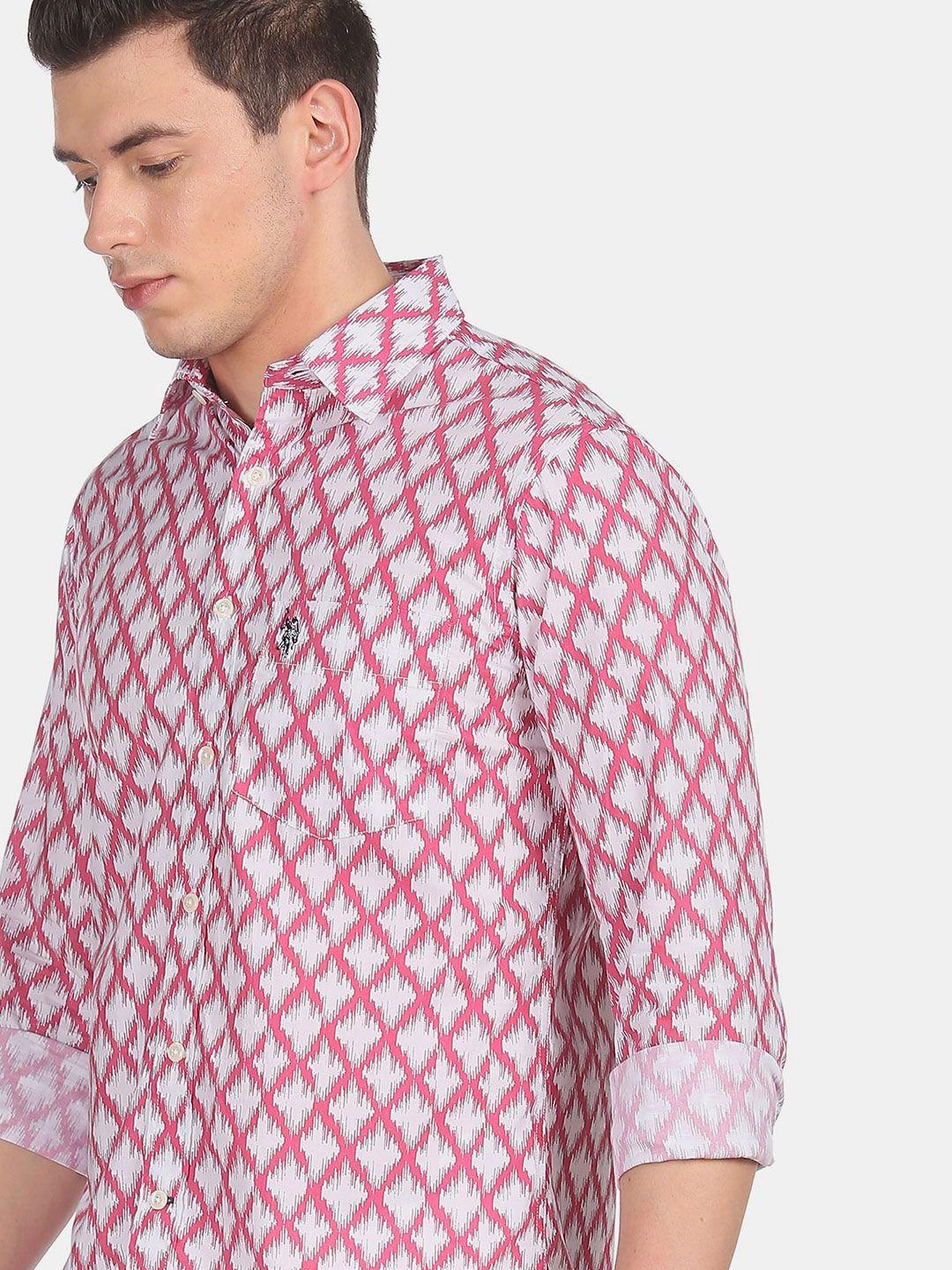 u s polo assn men pink & white printed pure cotton casual shirt