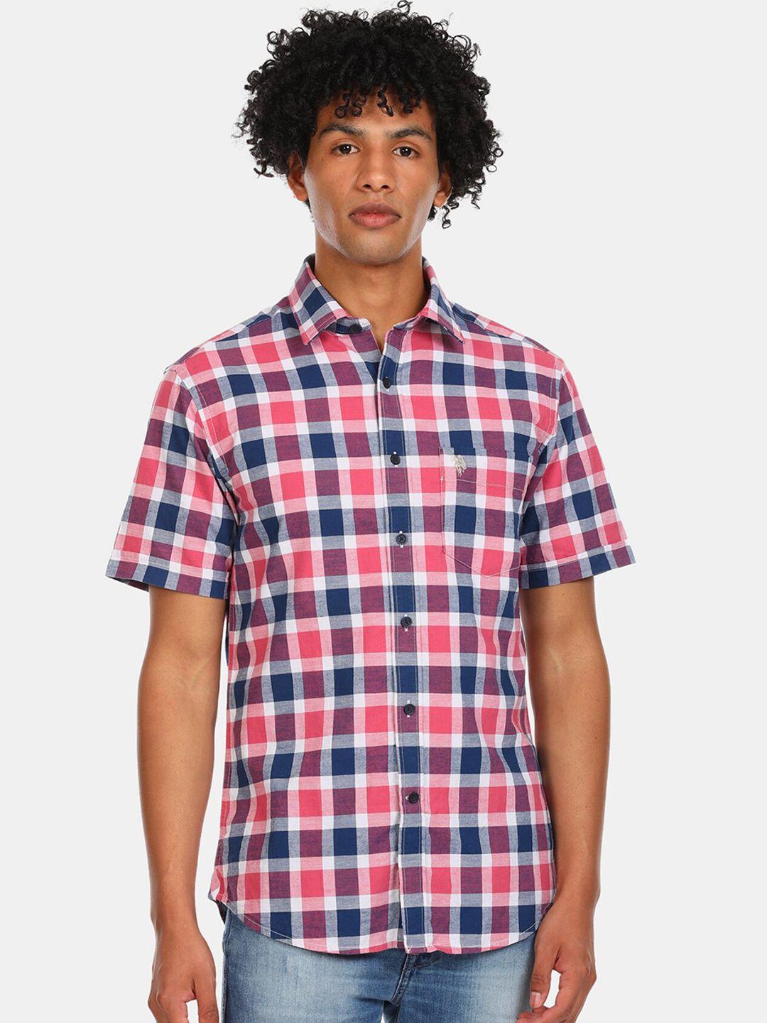 u s polo assn men pink checked casual shirt