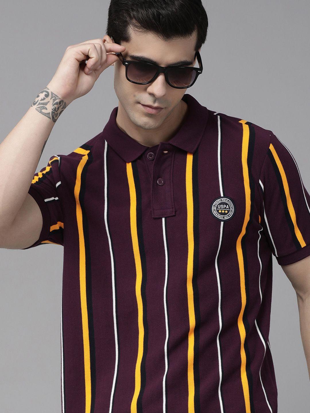 u s polo assn men purple & yellow striped polo collar pure cotton slim fit t-shirt