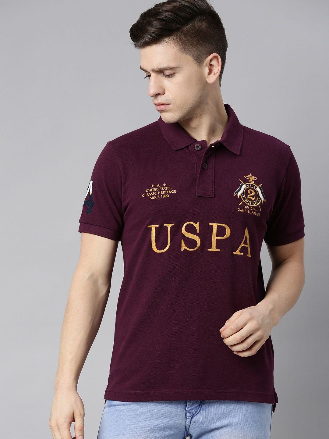 u s polo assn men purple  gold-toned brand logo printed polo collar applique slim fit pure cotton t-shirt