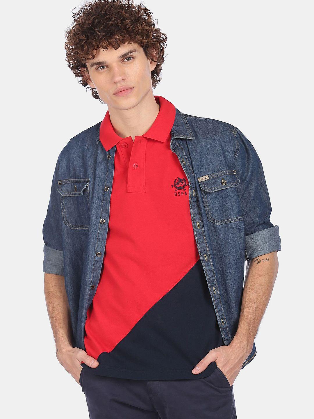 u s polo assn men red & navy blue colourblocked polo collar pure cotton slim fit t-shirt