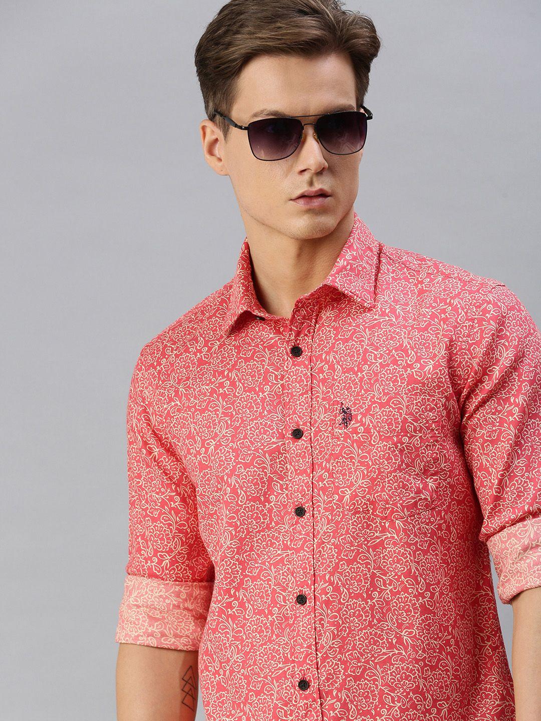 u s polo assn men red  & crram-coloured tailored fit printed casual shirt