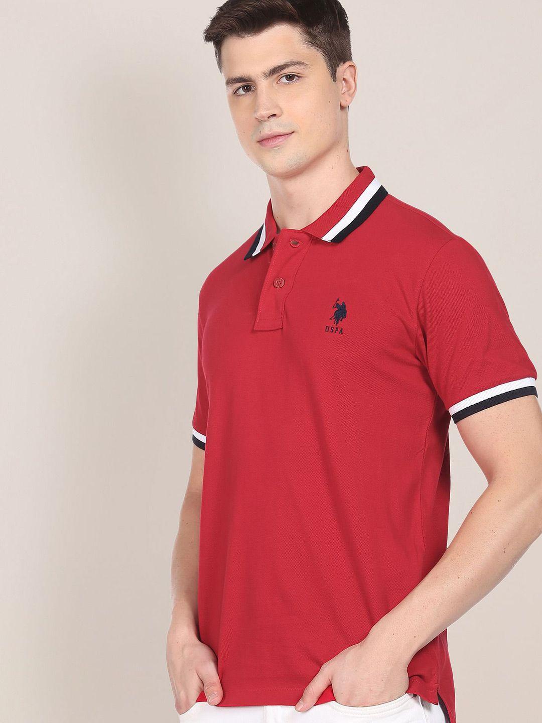 u s polo assn men red pure cotton heritage tipped polo collar t-shirt