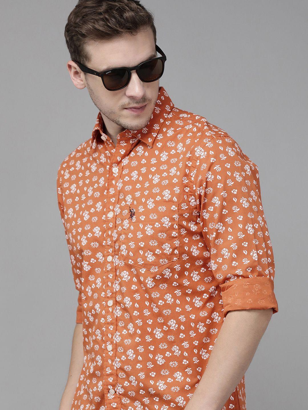 u s polo assn men rust orange & white tailored fit ditsy floral print cotton casual shirt