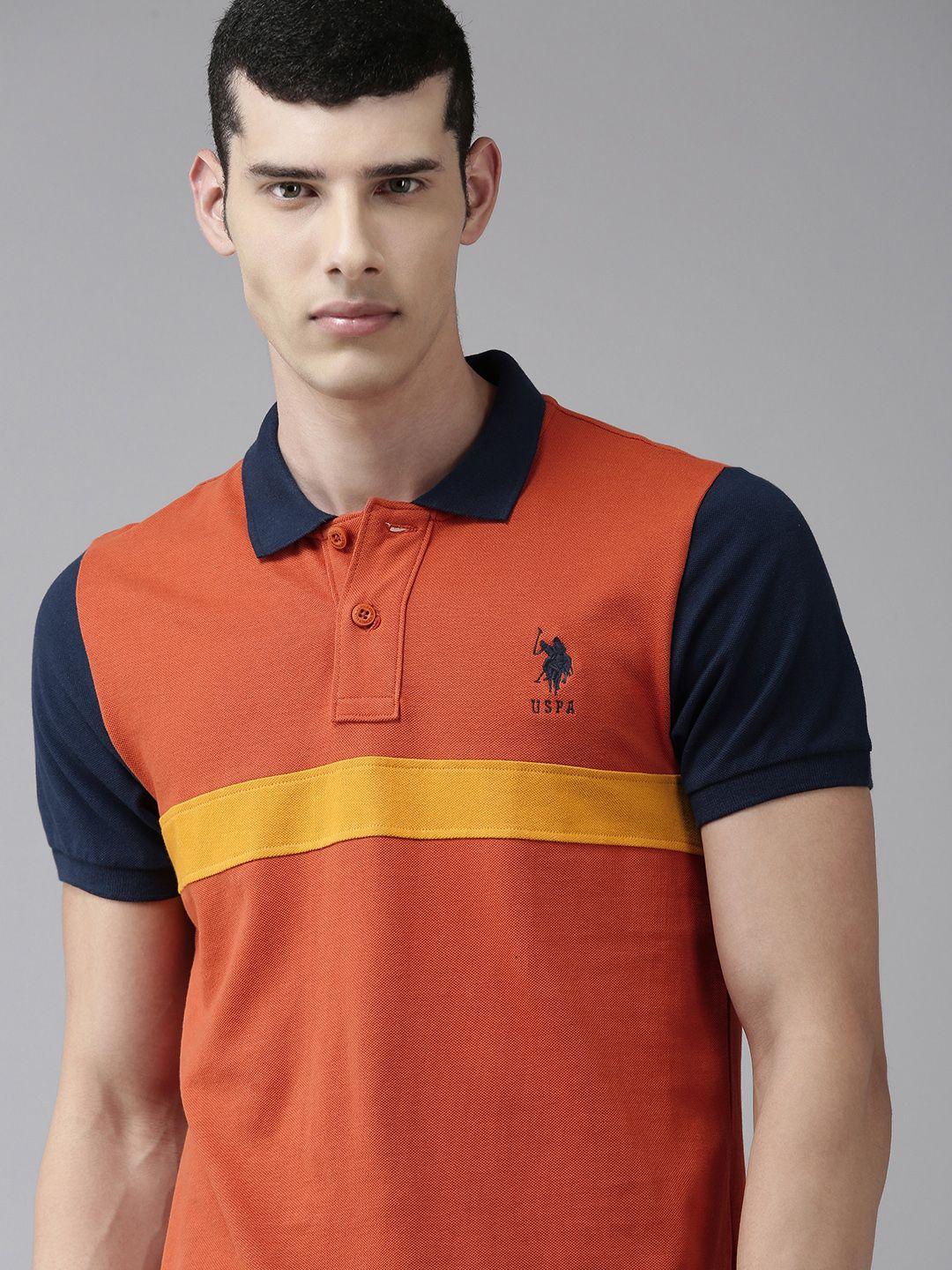 u s polo assn men rust striped contrast polo collar slim fit t-shirt