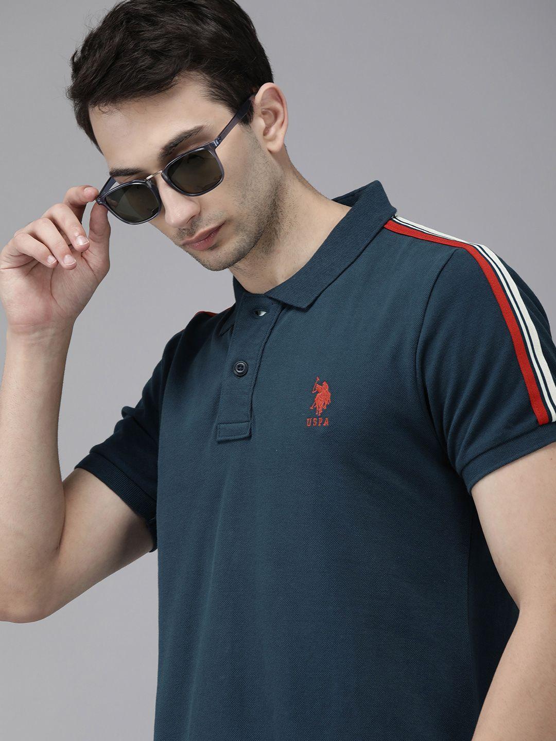 u s polo assn men teal blue polo collar side striped t-shirt