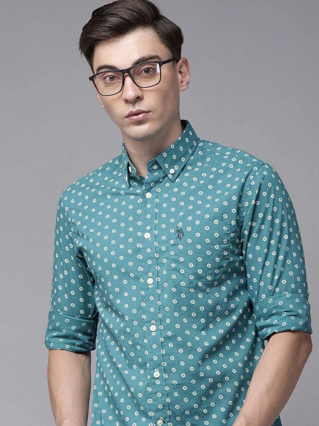 u s polo assn men teal blue tailored fit printed pure cotton casual shirt