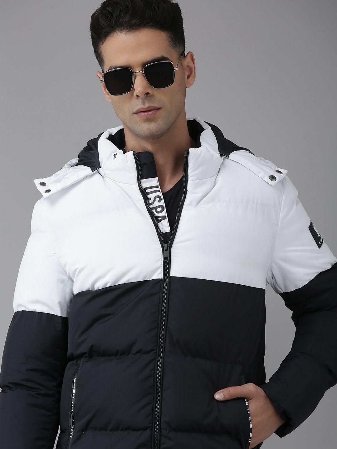 u s polo assn men white black colourblocked padded jacket with detachable hood