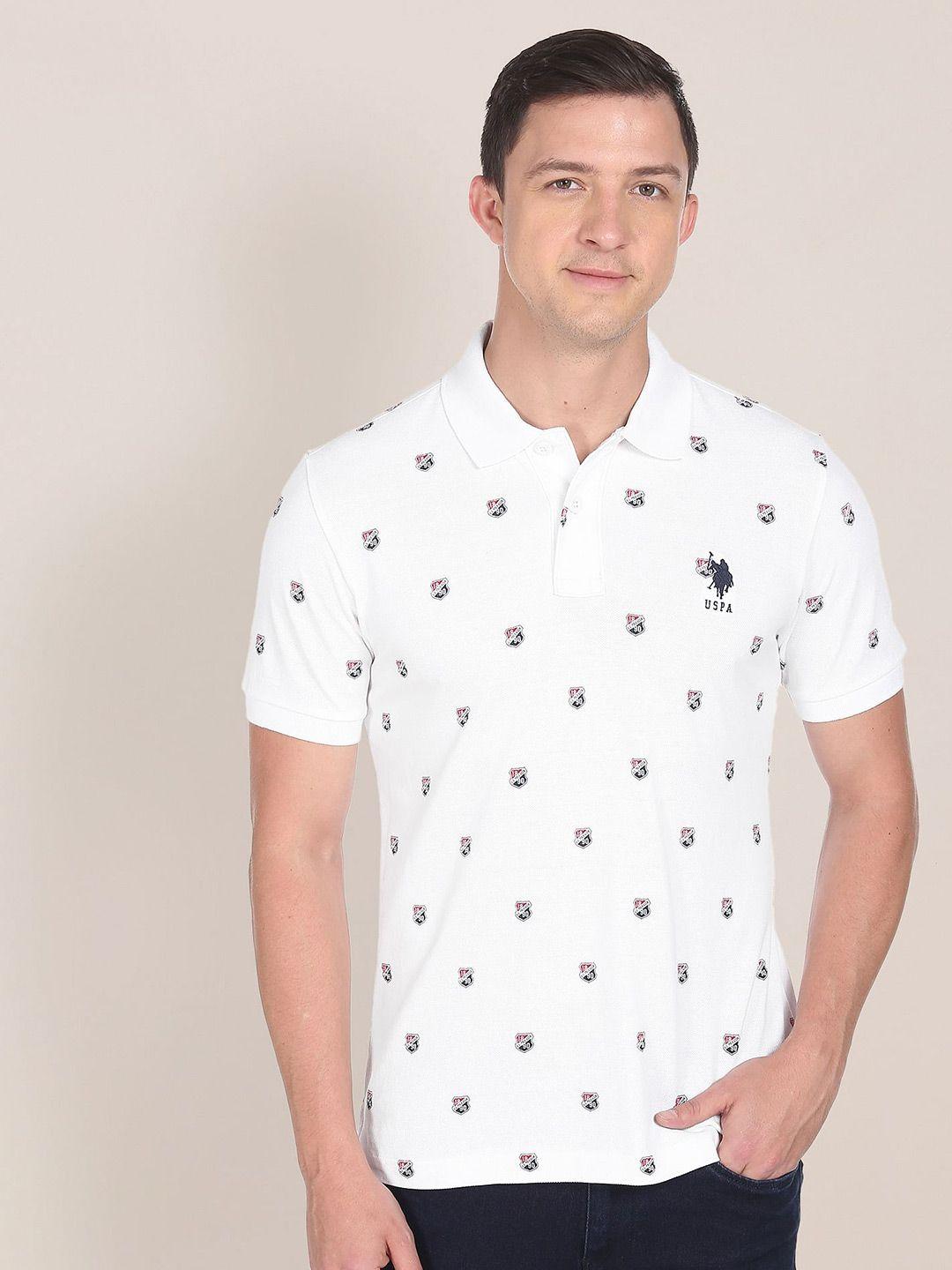 u s polo assn men white pure cotton shield print polo shirt