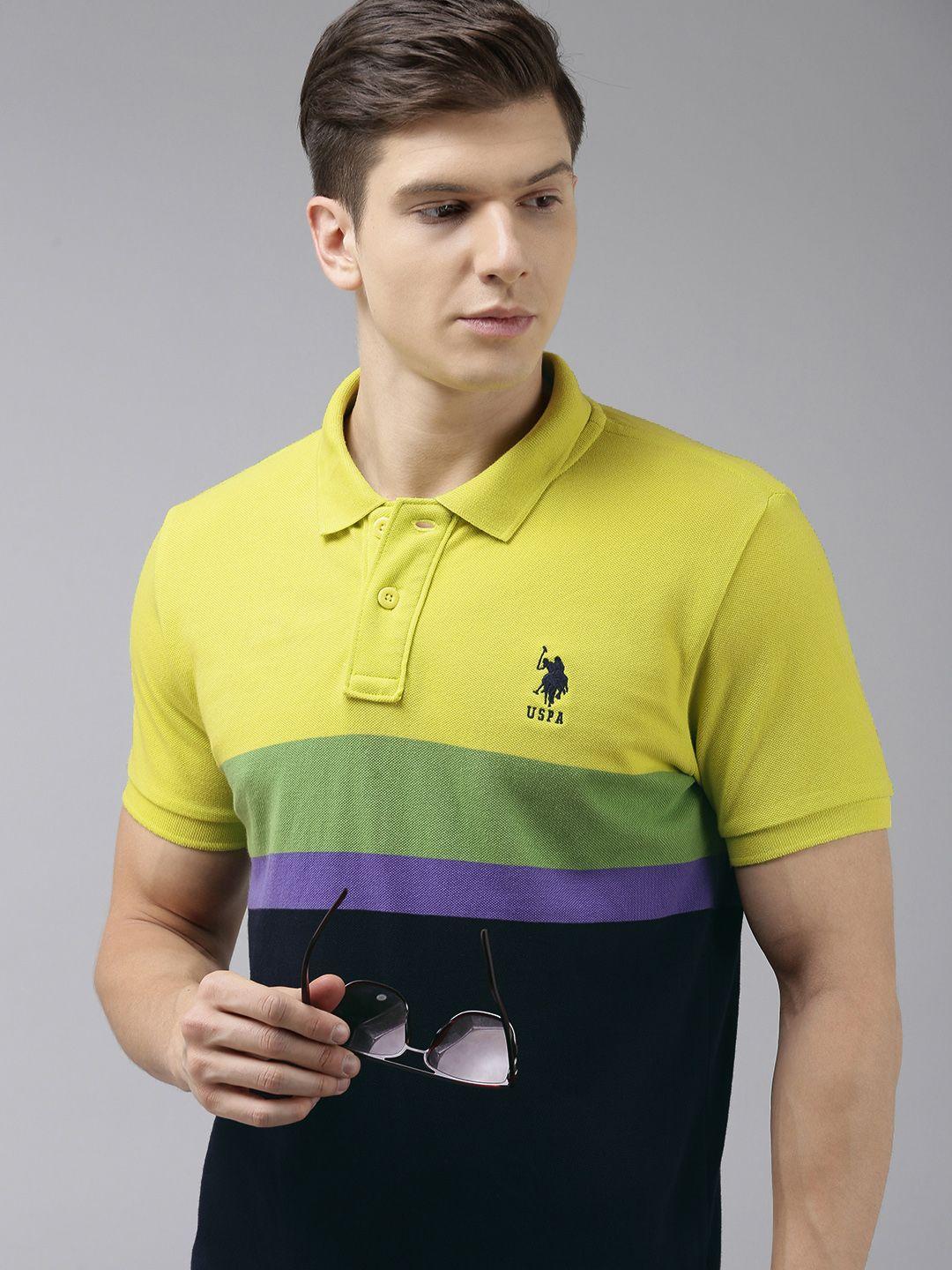 u s polo assn men yellow & black colourblocked polo collar pure cotton slim fit t-shirt