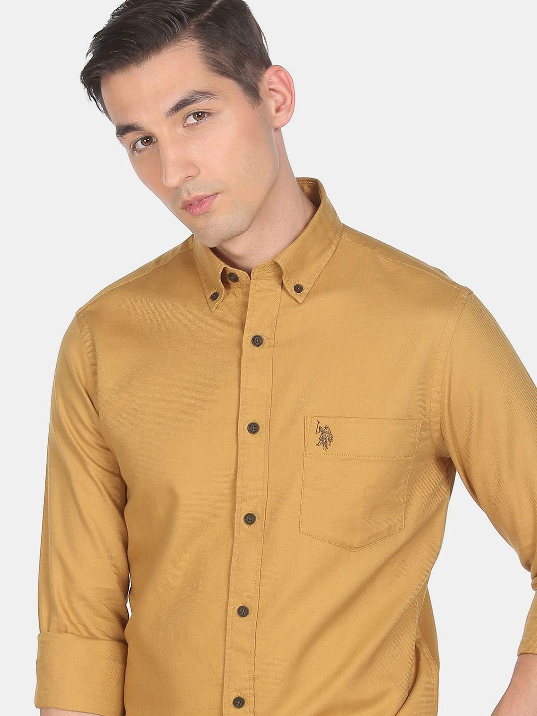 u s polo assn men yellow cotton solid casual shirt