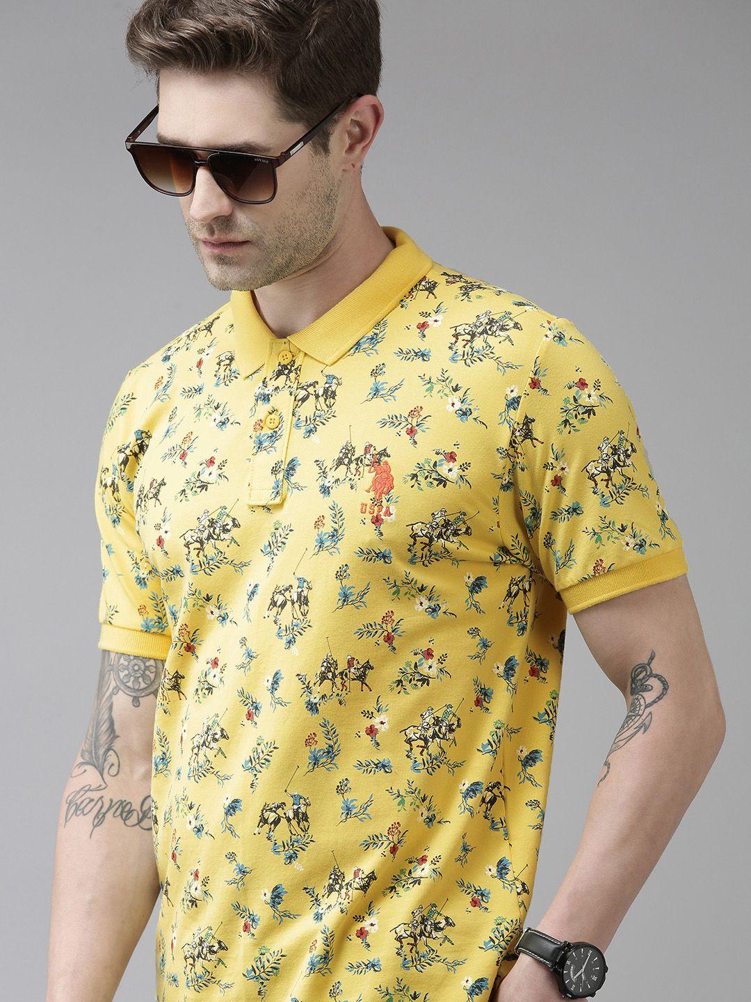 u s polo assn men yellow printed polo collar slim fit t-shirt