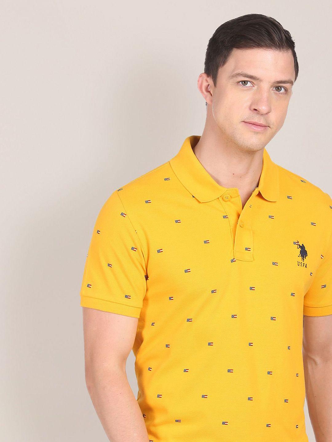 u s polo assn men yellow pure cotton flag print polo shirt