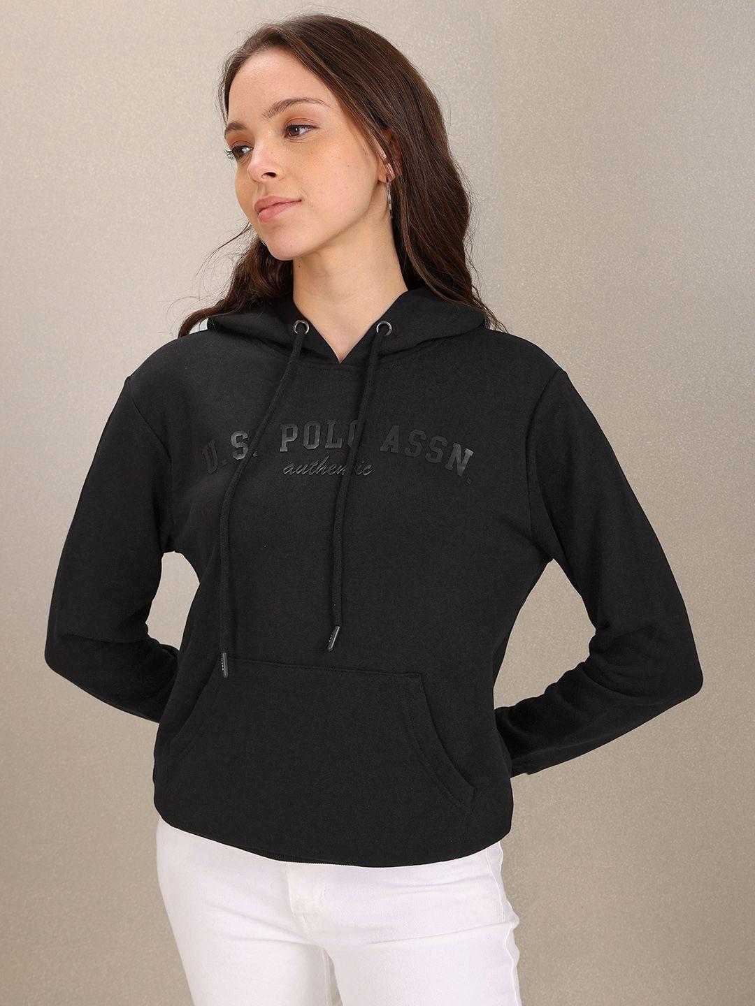 u s polo assn women black brand logo printed hooded sweatshirt