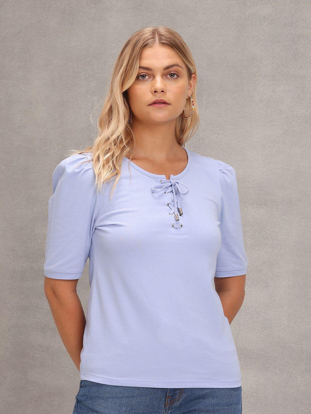 u s polo assn women cotton lavender henley neck puff sleeves t-shirt