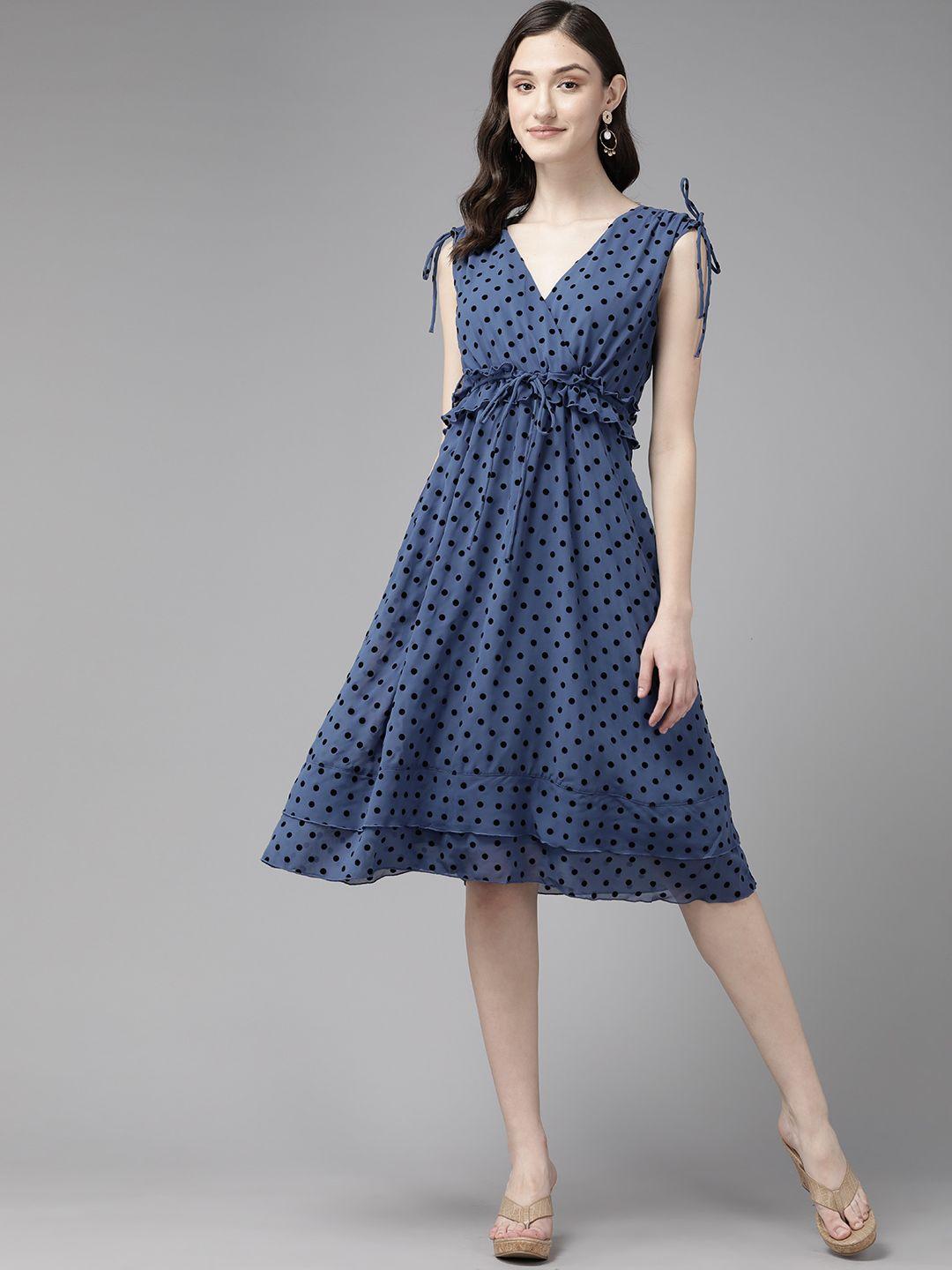 u s polo assn women navy blue & black polka dots wrap dress