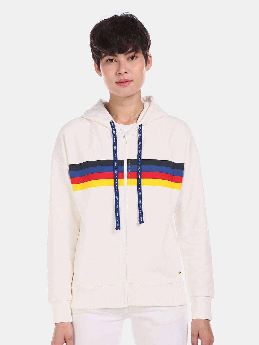 u s polo assn women white striped  hood sweatshirt